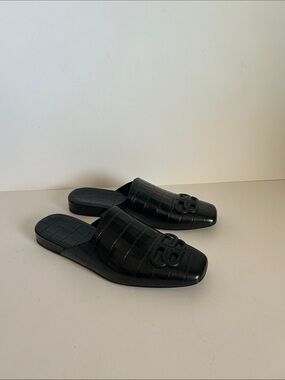 Balenciaga Black Croc-Embossed Leather Slide Mules